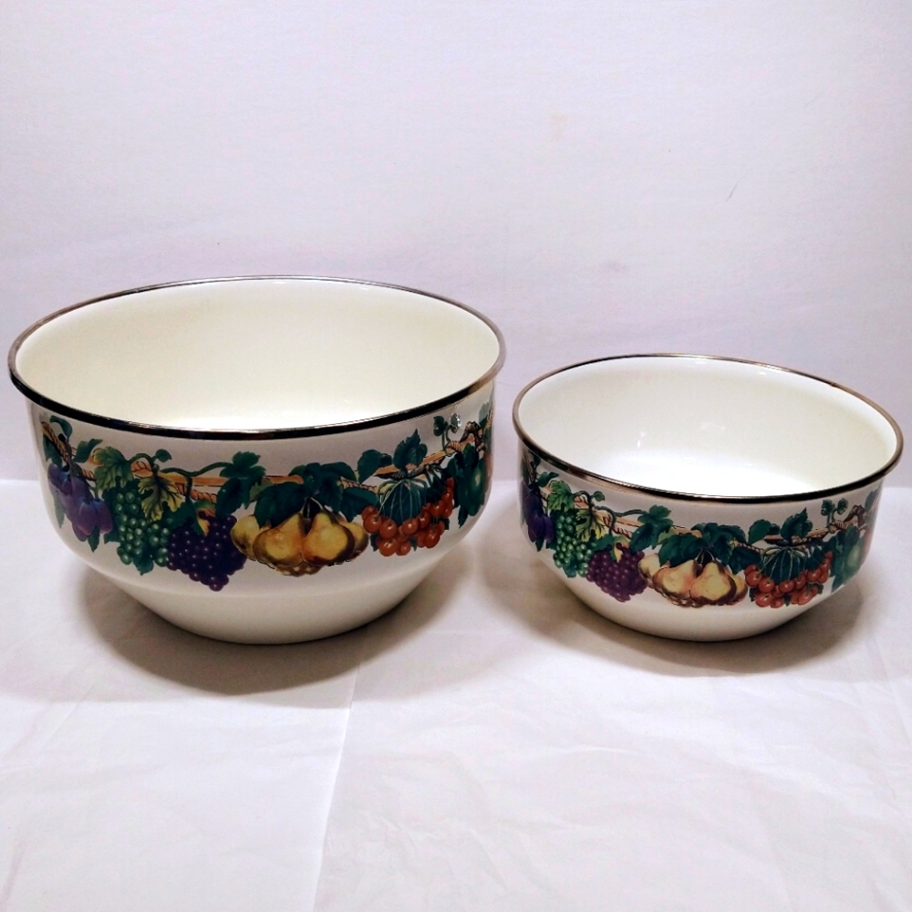 Two Tabletops Unlimited Enamel Fruit Designed Bowls 7" Dia. & 8-3/4" Dia. ENC